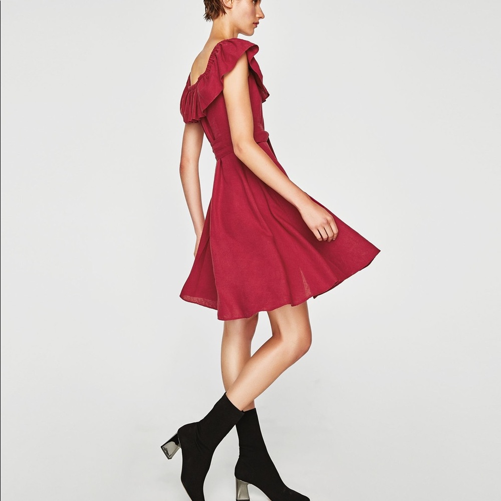 Zara Red Linen Off The Shoulder Ruffle Dress